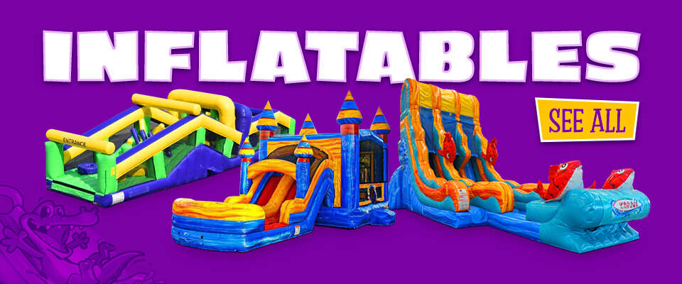 Three different inflatable bounce house rentals available in Fort Myers, FL, featuring colorful designs perfect for parties and events.