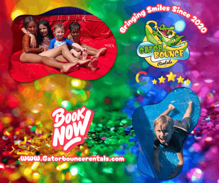 Very colorful Gator Bounce Rentals Promotional image with logo and kids playing on waterslides in Fort Myers, Lehigh Acres, Naples, and Cape Coral