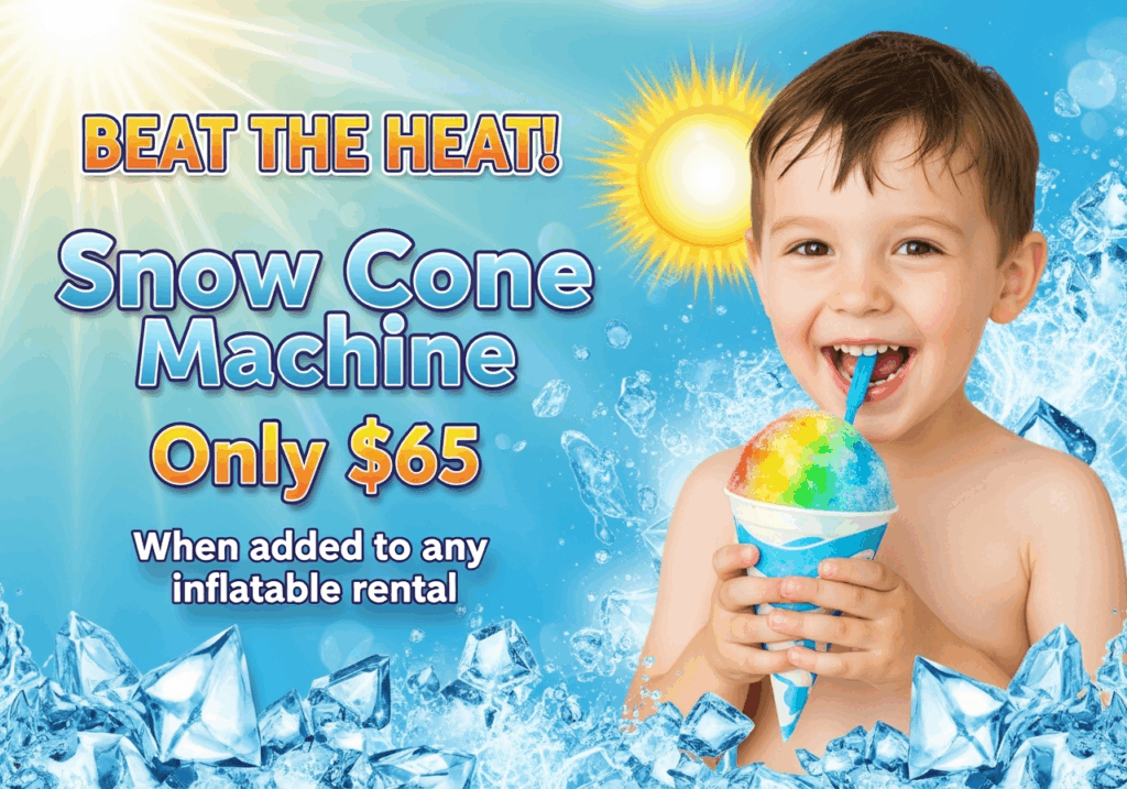 Little Boy eating sno cone. Advertisement for discounted sno cone rental with inflatable rental.