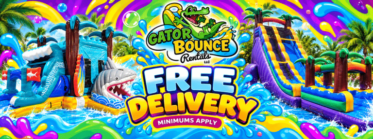 Colorful bounce house rental advertisement for party rentals with free delivery