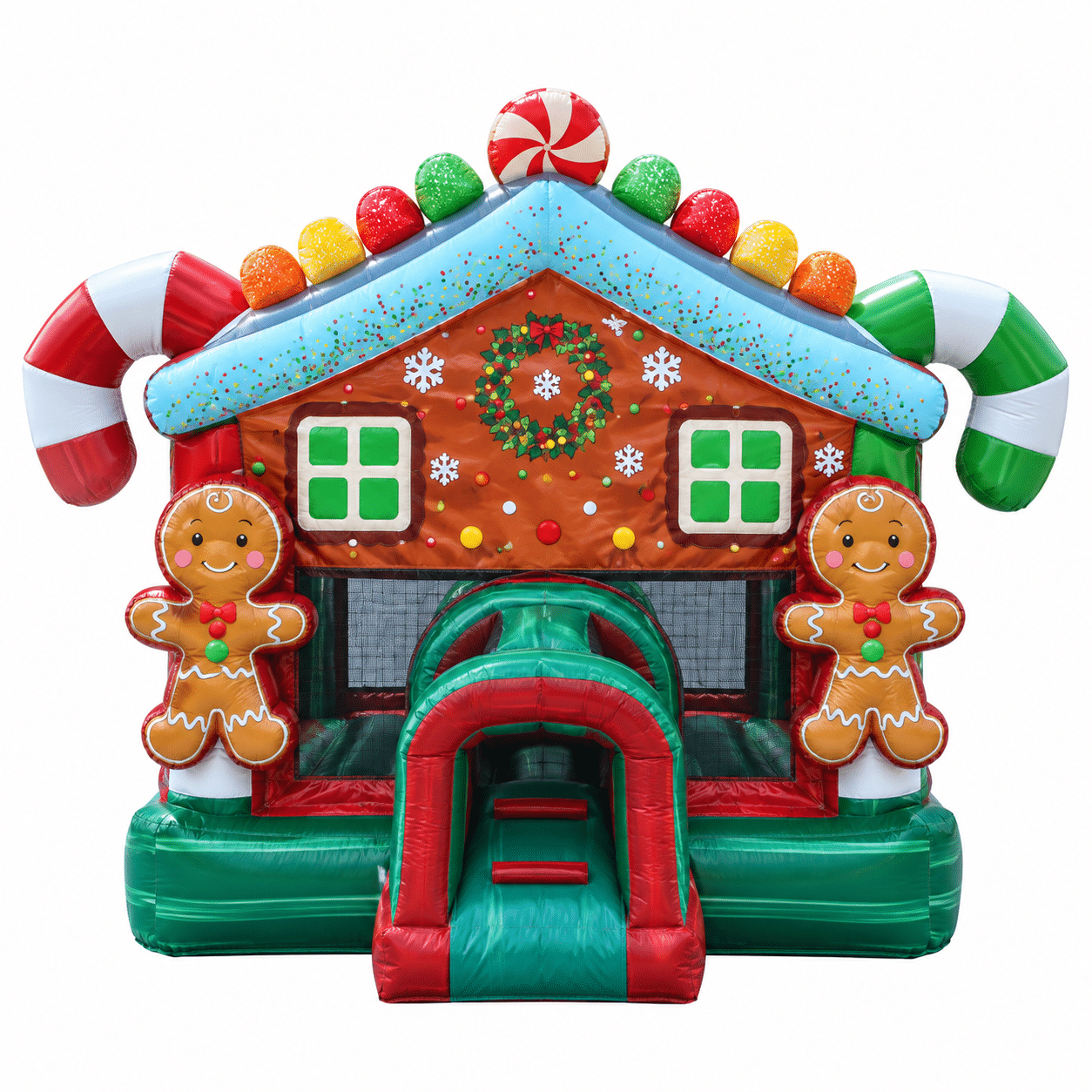 Front view of Gingerbread Christmas inflatable bounce house
