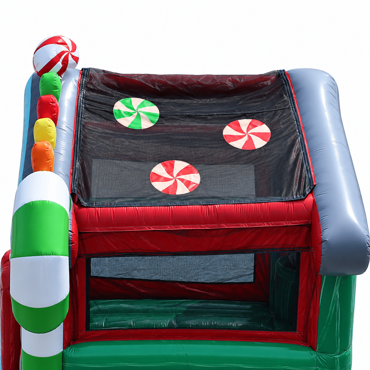 Top view of Gingerbread Christmas bounce house with peppermint decorations